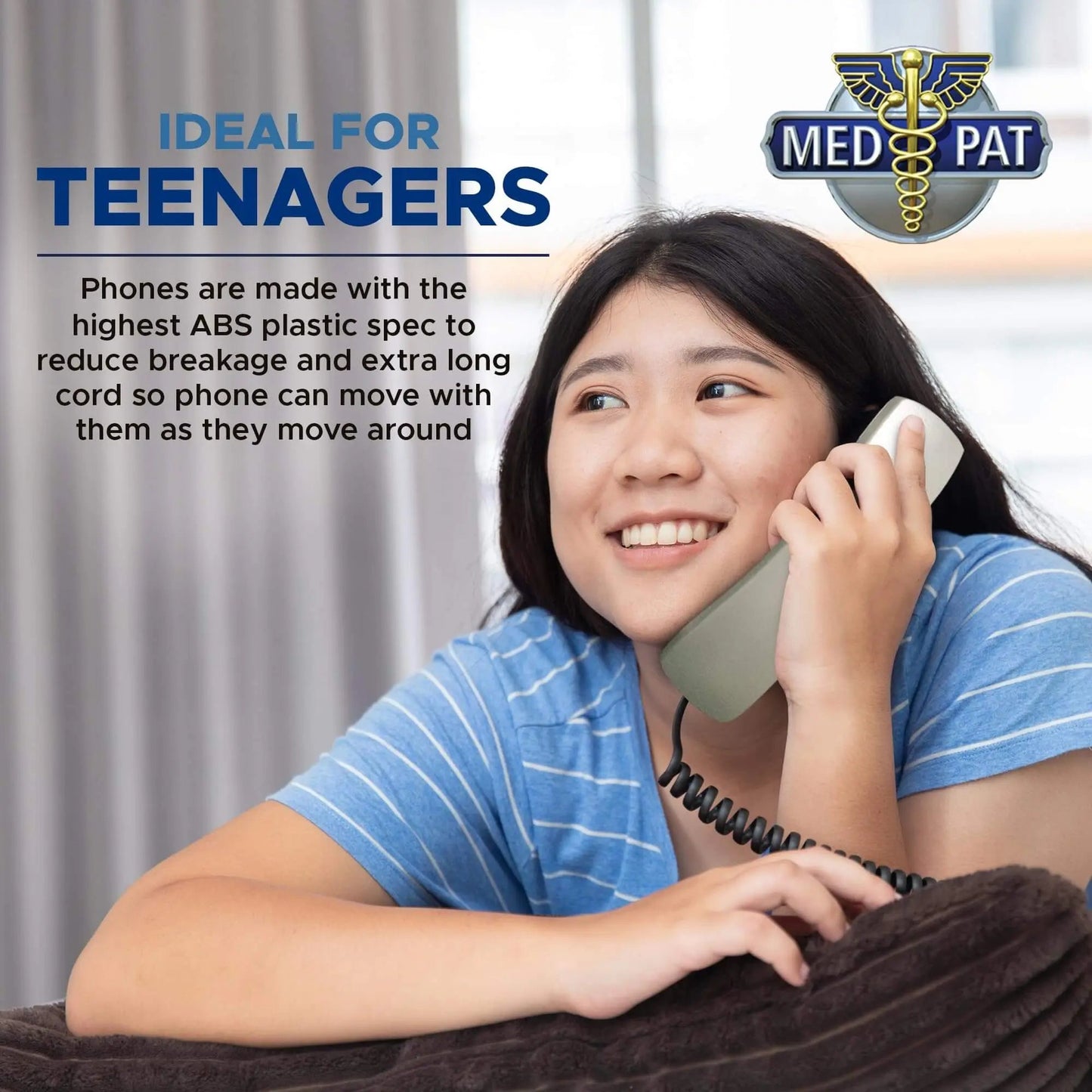 Med-Pat TL-460 Trimline Landline Phone – Wall Mount, Volume Boost, Lighted Ring for Seniors