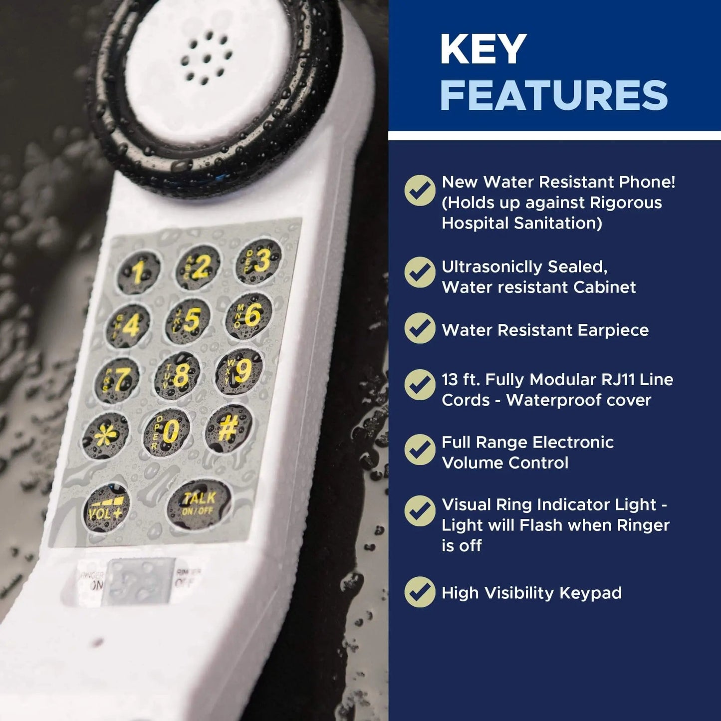 Med‑Pat XL88WP Waterproof One‑Piece Telephone – Visual Ring Light, Full‑Range Volume, High‑Visibility Keypad (White)