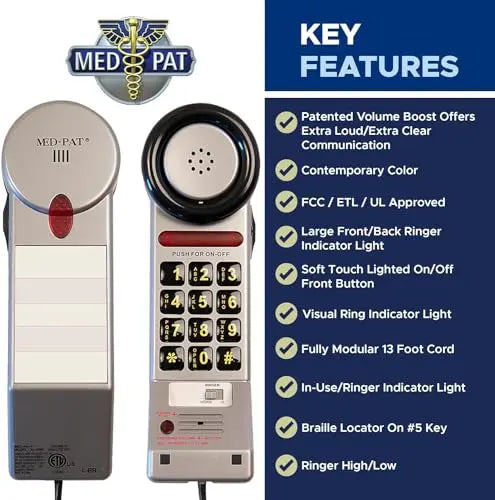 Med-Pat XL3060 Pewter Landline Phone – Volume Boost, Visual Ring Light, Hearing Aid Compatible