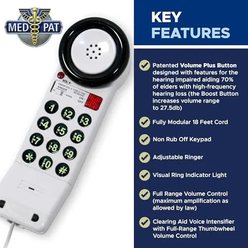 Med-Pat XL88Q One-Piece Phone – Extra-Loud Volume, Visual Ring, Water-Resistant, Hearing Aid Compatible