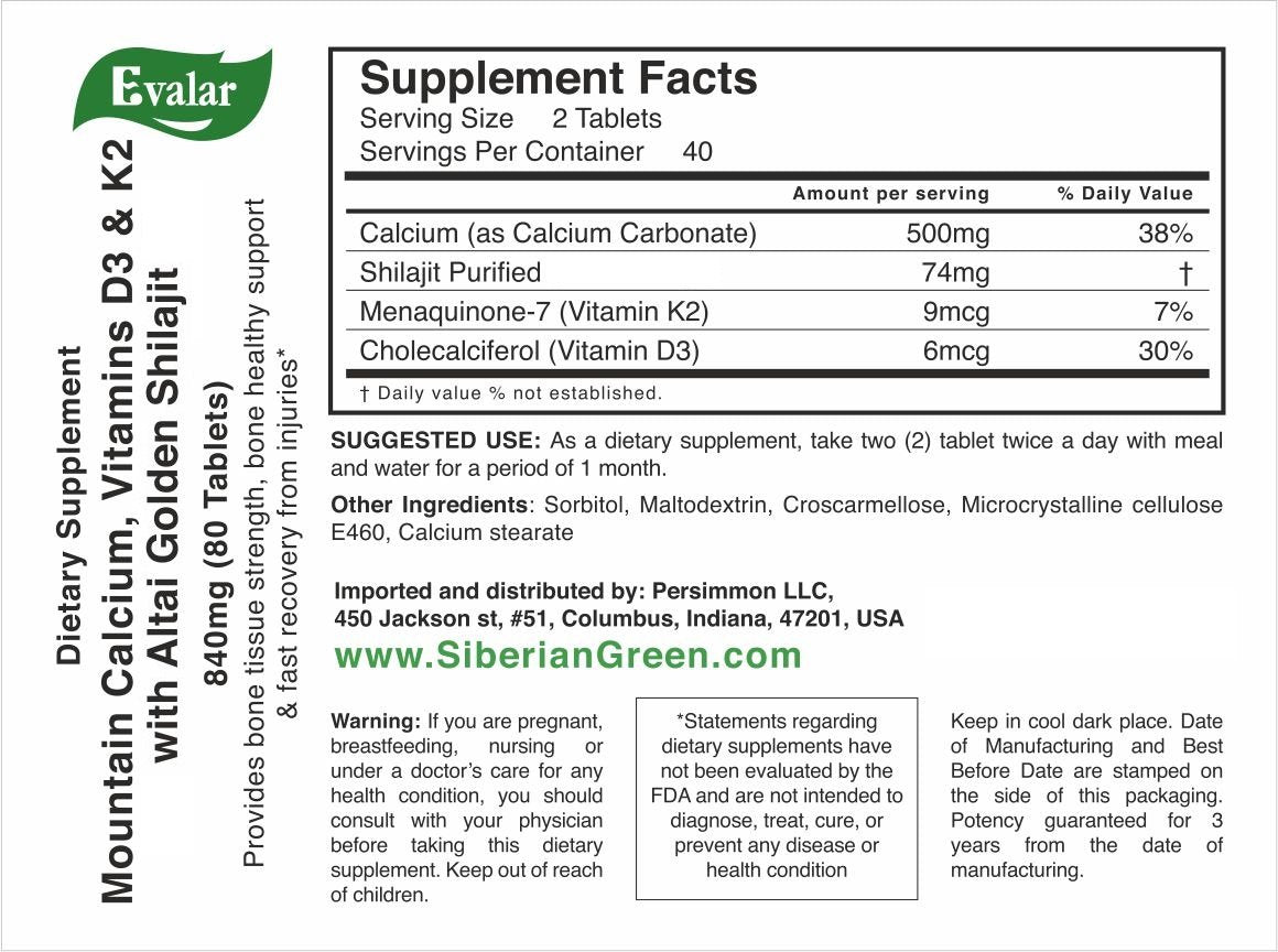 Mountain Calcium with Vitamins D3 + K2 and Shilajit - 80 Tablets | Evalar - Concordia Style Boutique