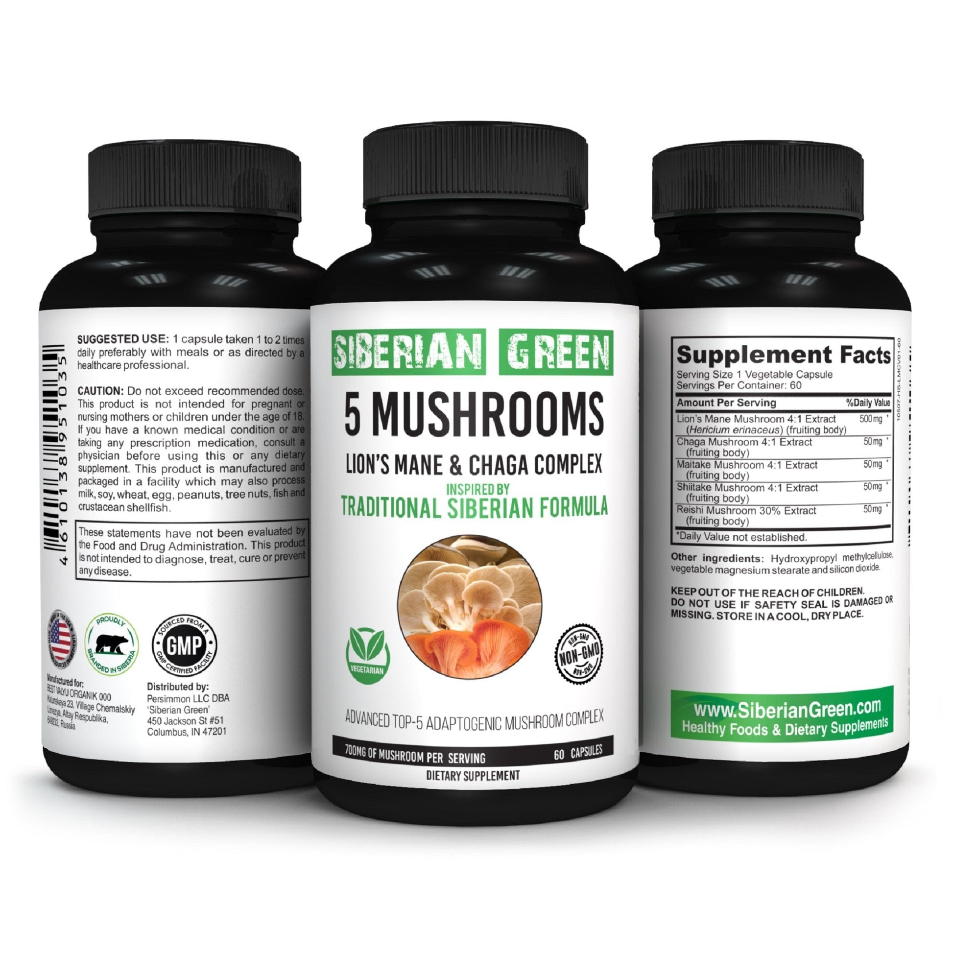 5 Mushrooms Siberian Green Lions Mane Chaga Shiitake Maitake Reishi 60 Caps - Concordia Style Boutique