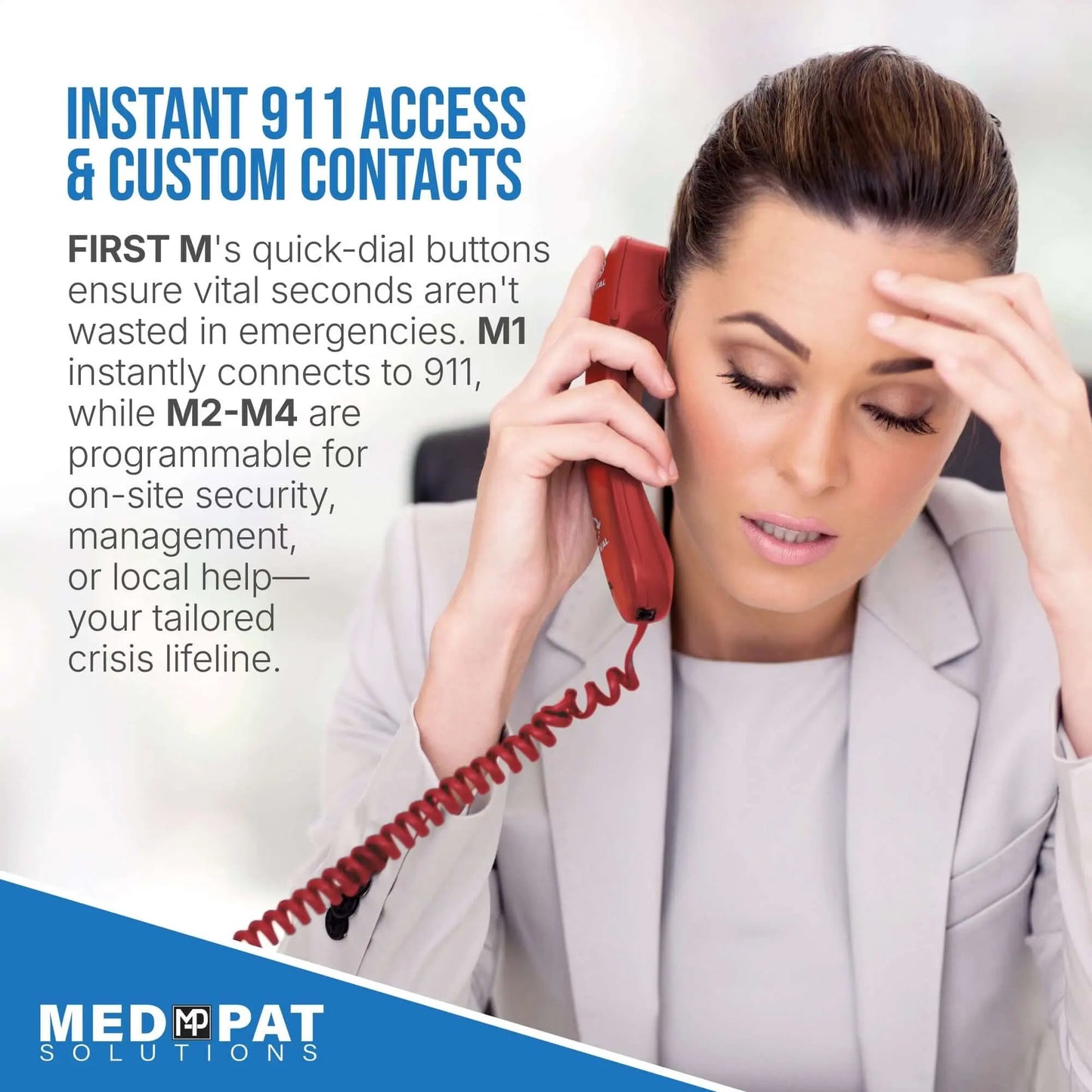 FIRST M by TAFEA Emergency Phone | One-Button 911 Dialer, Programmable M2–M4, Hands-Free Listening, Loud Ringer – Ideal for Homes, Gyms, Hospitals, Hotels & Public Spaces