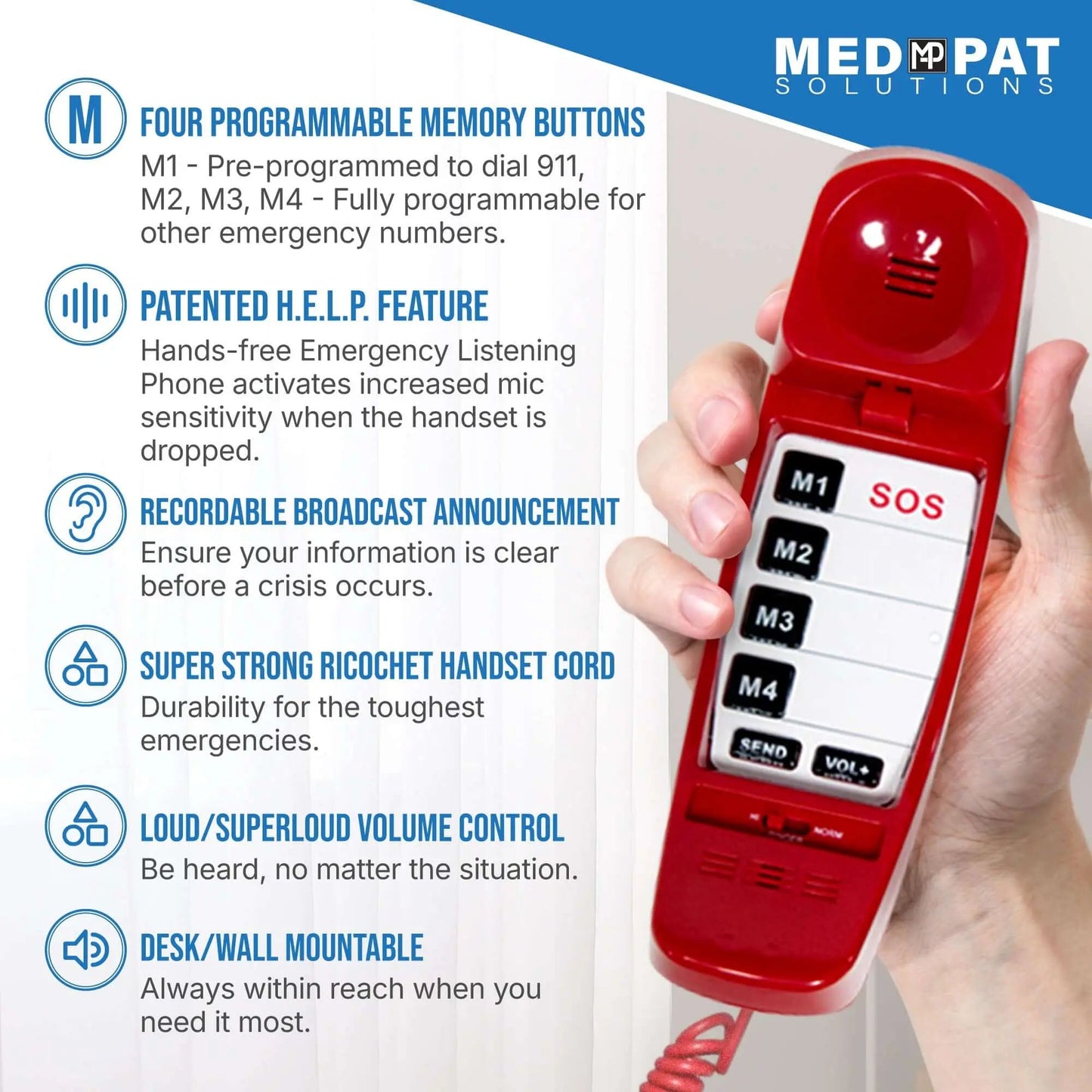 FIRST M by TAFEA Emergency Phone | One-Button 911 Dialer, Programmable M2–M4, Hands-Free Listening, Loud Ringer – Ideal for Homes, Gyms, Hospitals, Hotels & Public Spaces