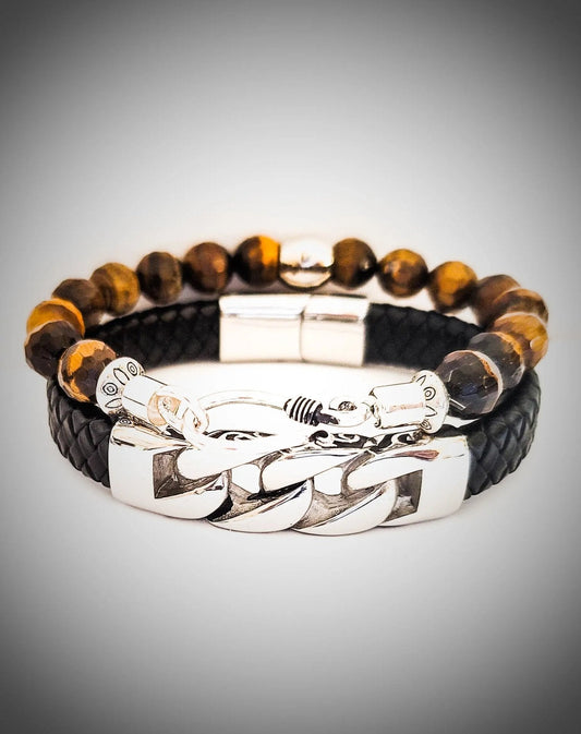 Men's Tiger Eye and Leather Bracelet Set