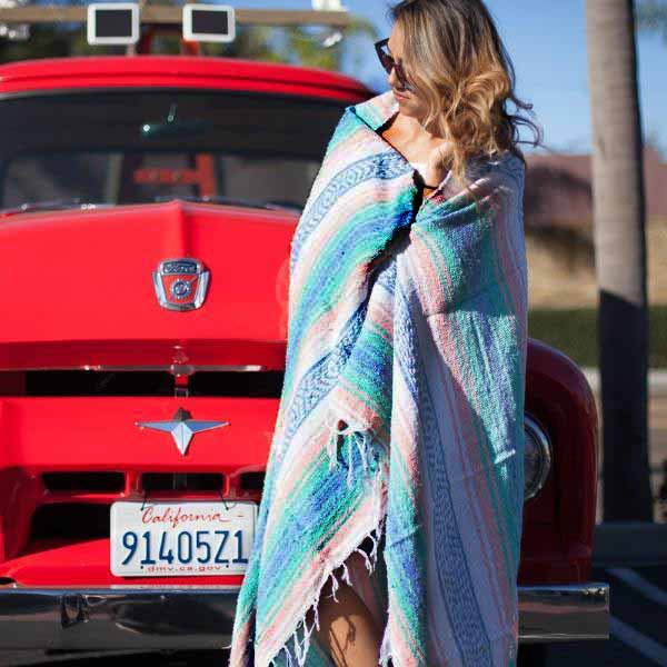 Mint, Blue & Coral Peach Mexican Falsa Blanket - Concordia Style Boutique
