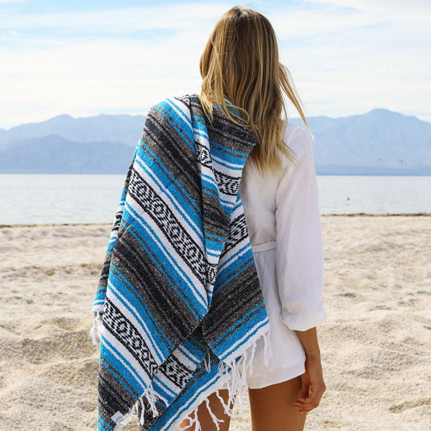Bright Blue Mexican Falsa Blanket - Concordia Style Boutique