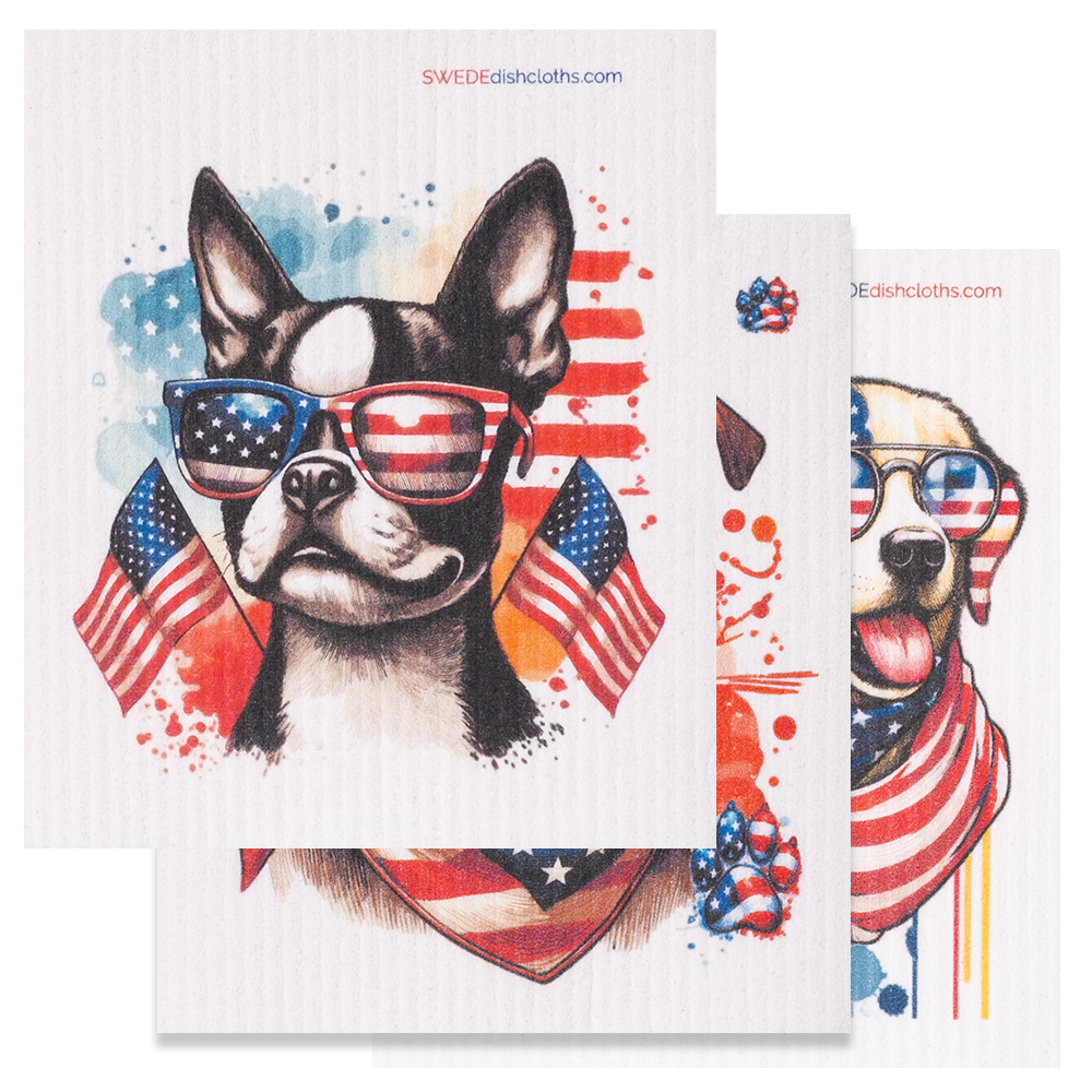 Eco-Friendly Swedish Dishcloths - Mixed Patriotic Dogs Set of 3 (Paper Towel Replacements, One of Each Design) - Concordia Style Boutique