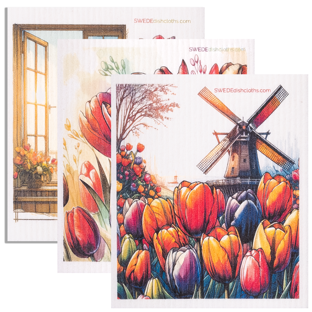 Eco-Friendly Swedish Dishcloths - Mixed Tulips Set of 3 (Paper Towel Replacements, One of Each Design) - Concordia Style Boutique