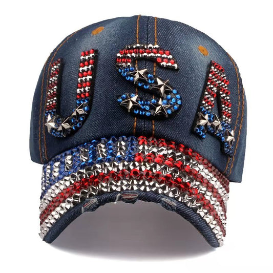 Dark Jean Hat with Rhinestone USA & American Flag Brim