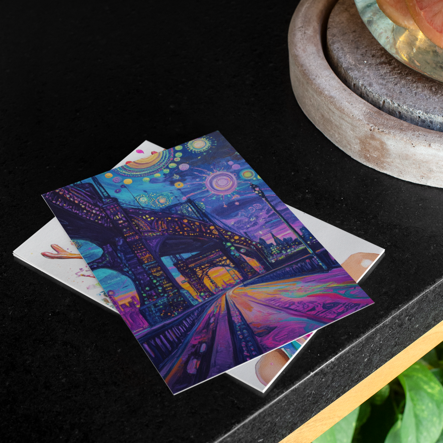 "Bright Lights" – Dreamy City Bridge Postcard - Surreal Nightscape Art Print