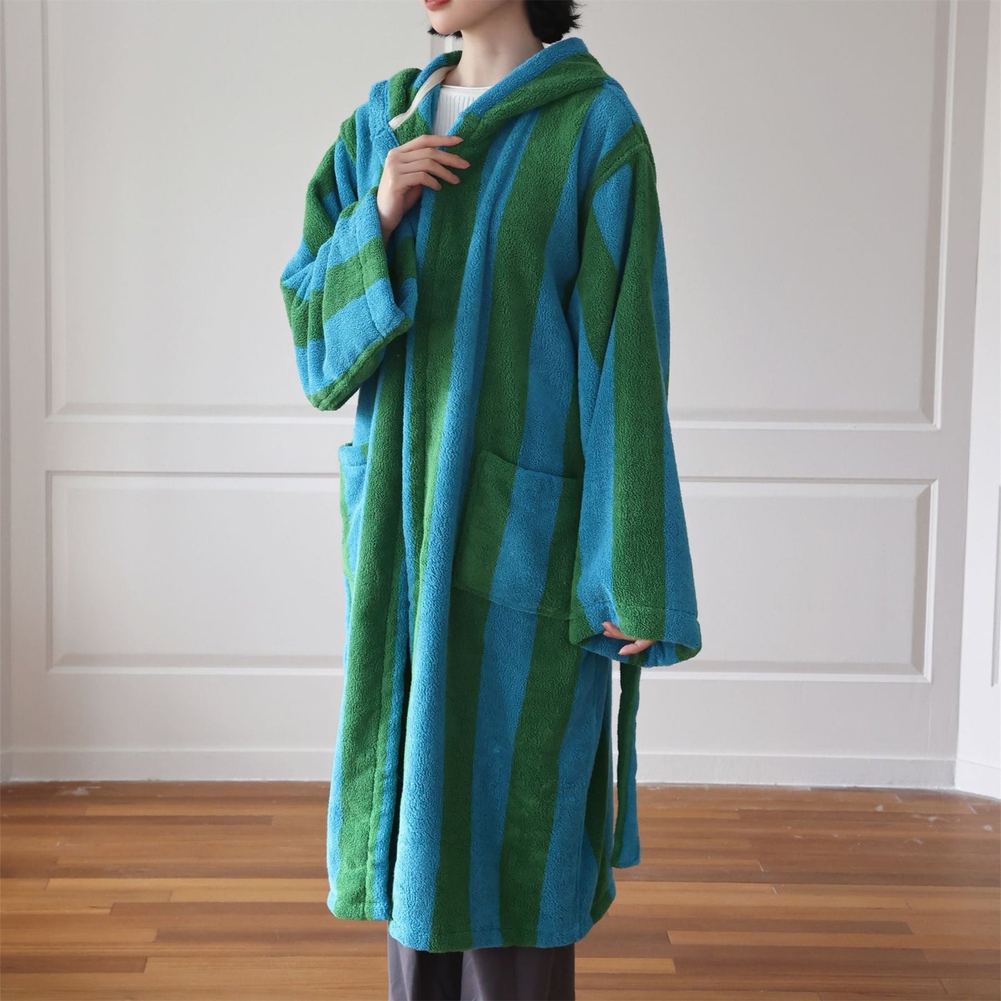 Modern Striped Cotton Bathrobe Set / Blue