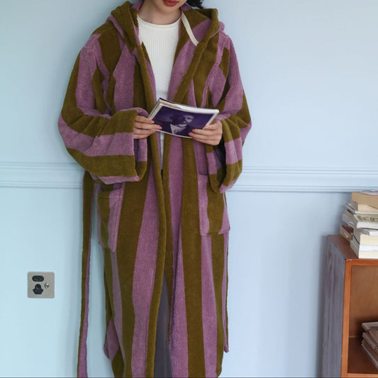 Modern Striped Cotton Bathrobe Set / Purple