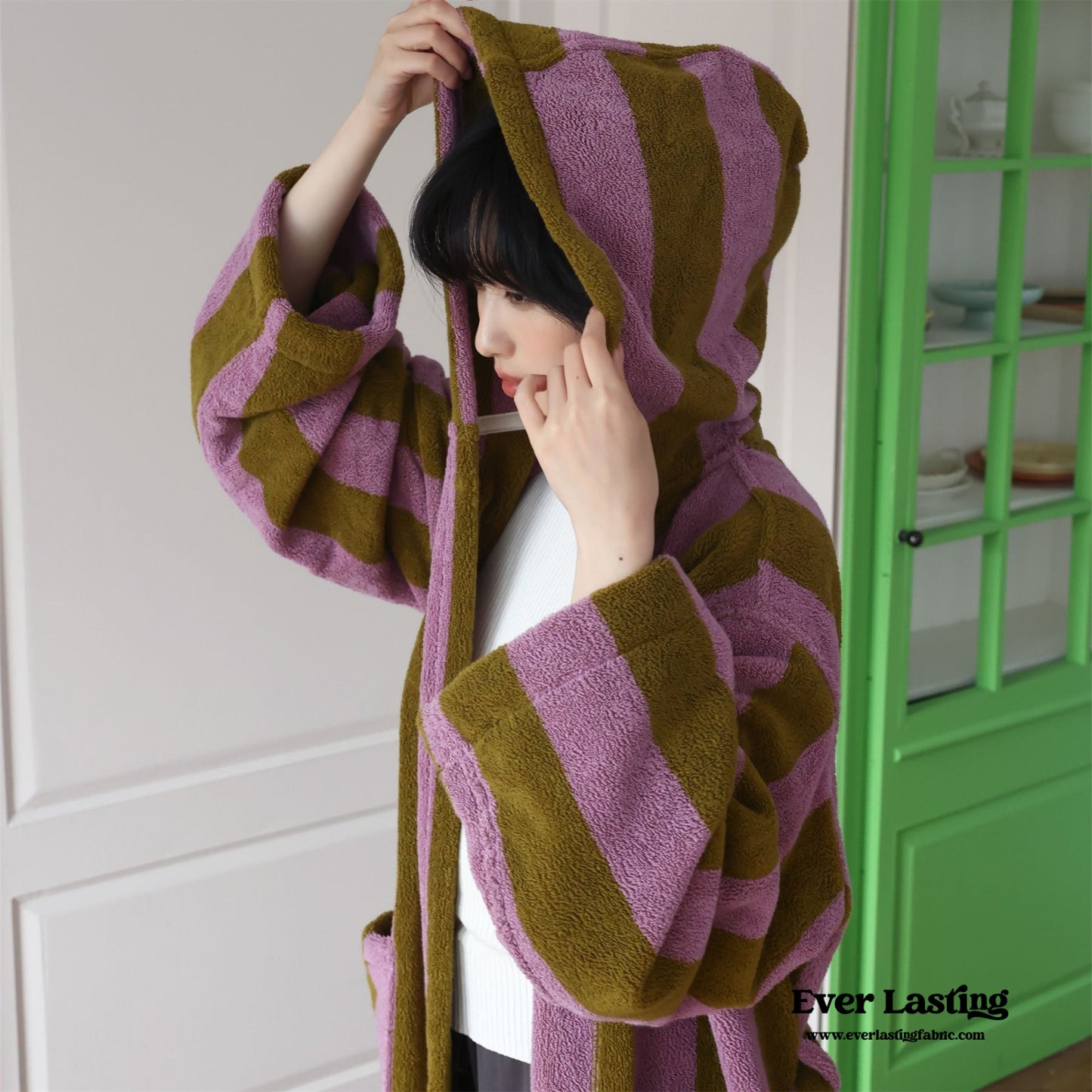 Modern Striped Cotton Bathrobe Set / Purple
