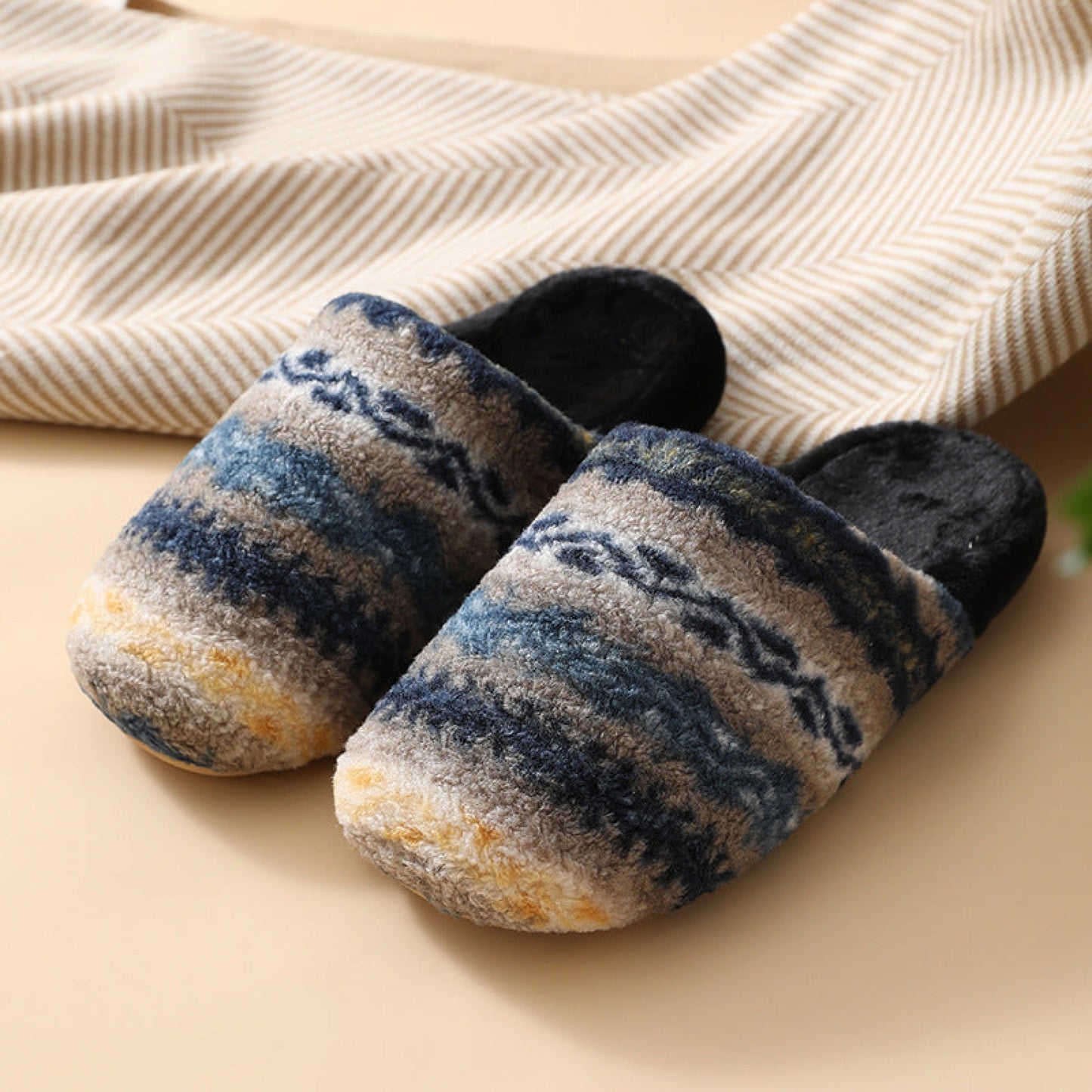 Modern Warm House Slippers / Yellow Striped