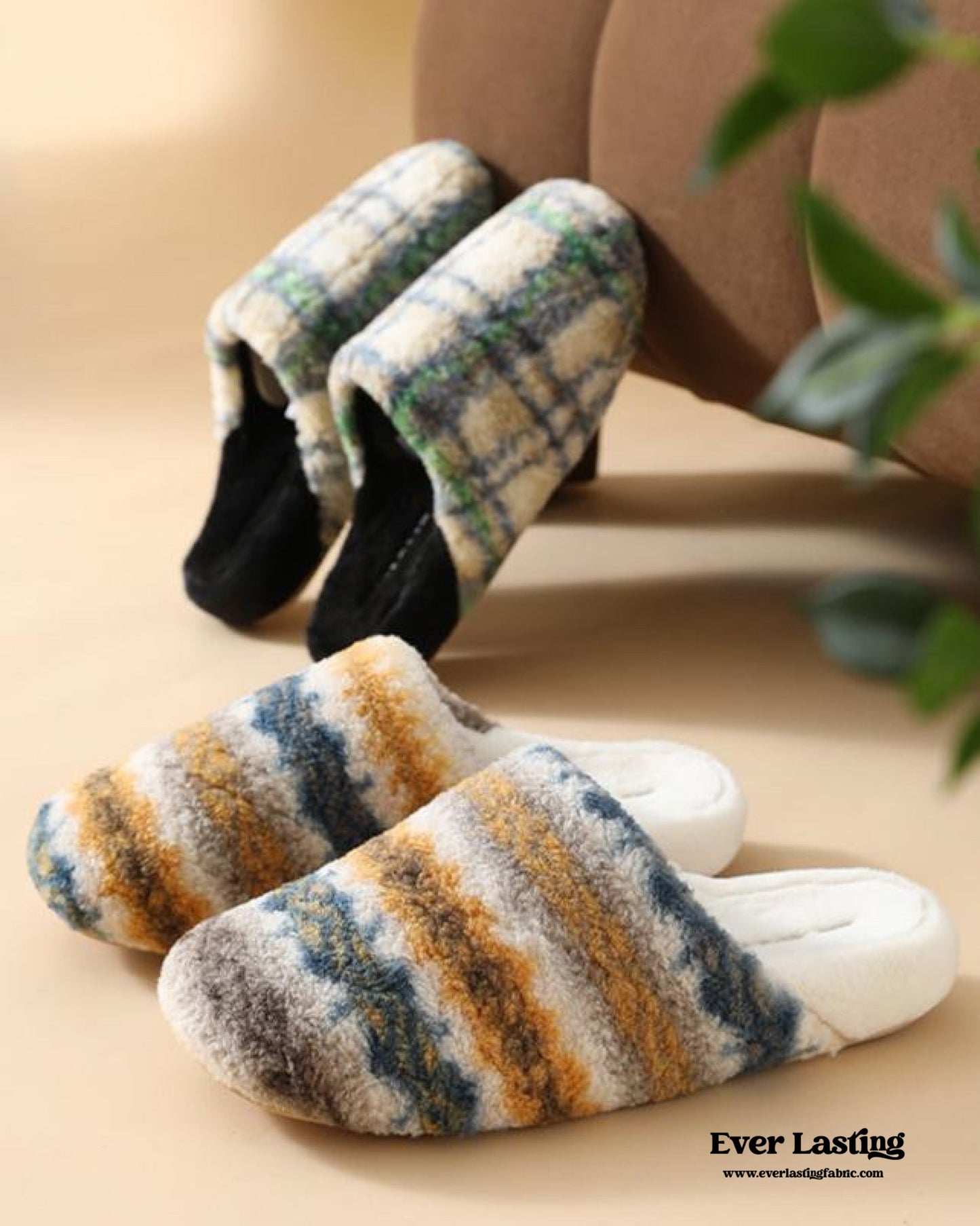 Modern Warm House Slippers / Yellow Striped