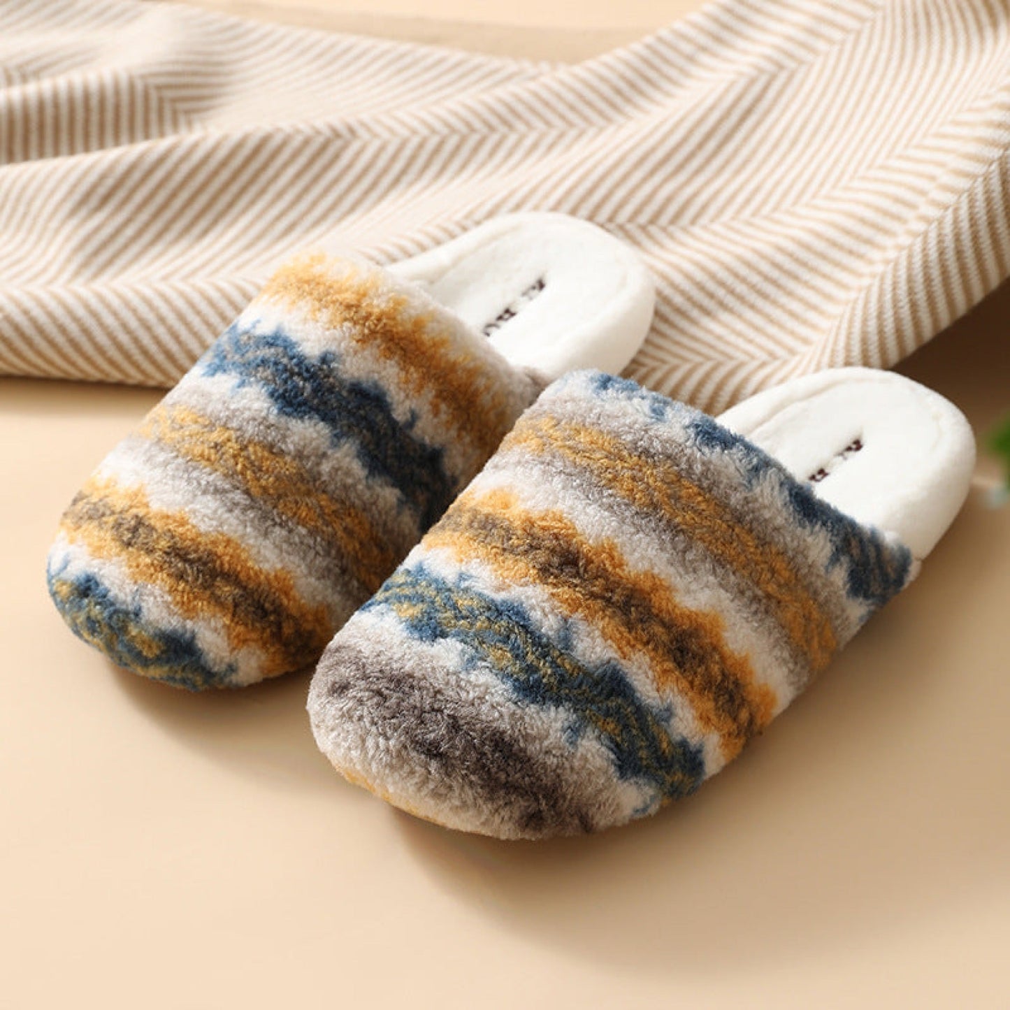 Modern Warm House Slippers / Yellow Striped
