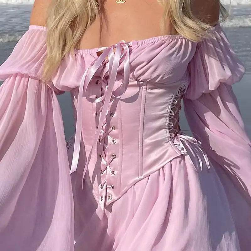 Pink Chiffon Summer Dress with Corset Detail - Concordia Style Boutique