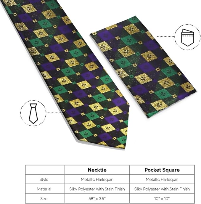 Vittorio Farina Men's Mardi Gras Satin Necktie and Pocket Square