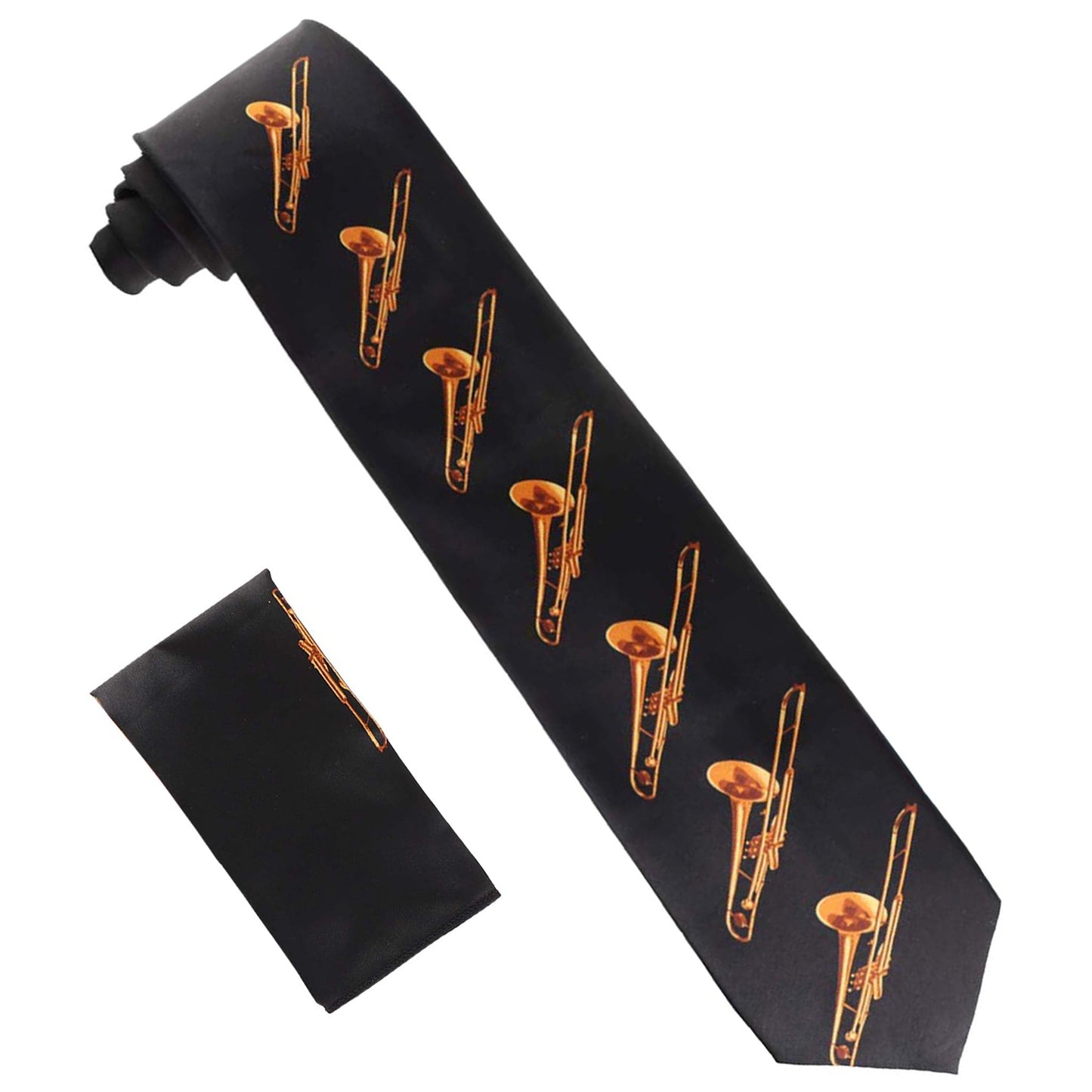 Vittorio Farina Men's Red and Gold Trombone Musical Necktie and Pocket Square