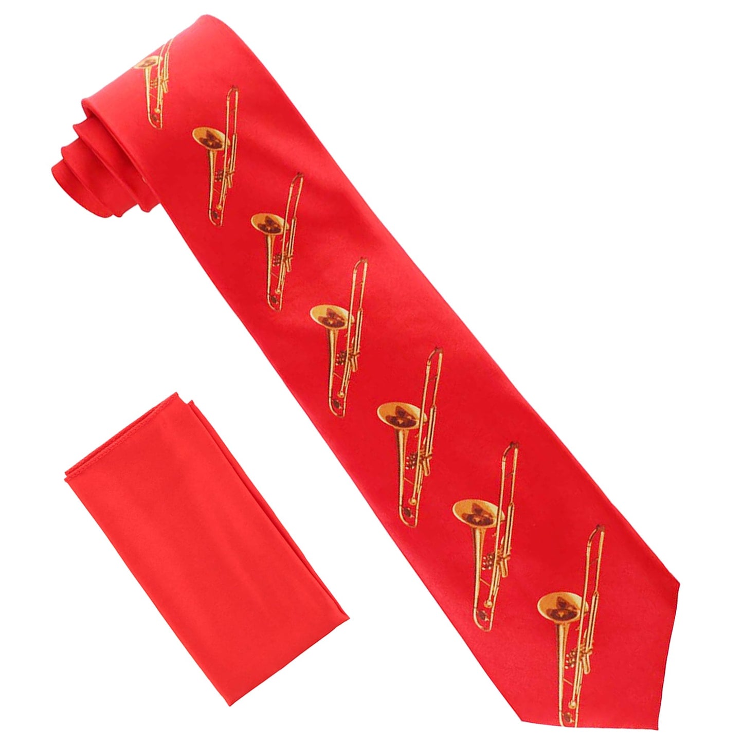 Vittorio Farina Men's Red and Gold Trombone Musical Necktie and Pocket Square