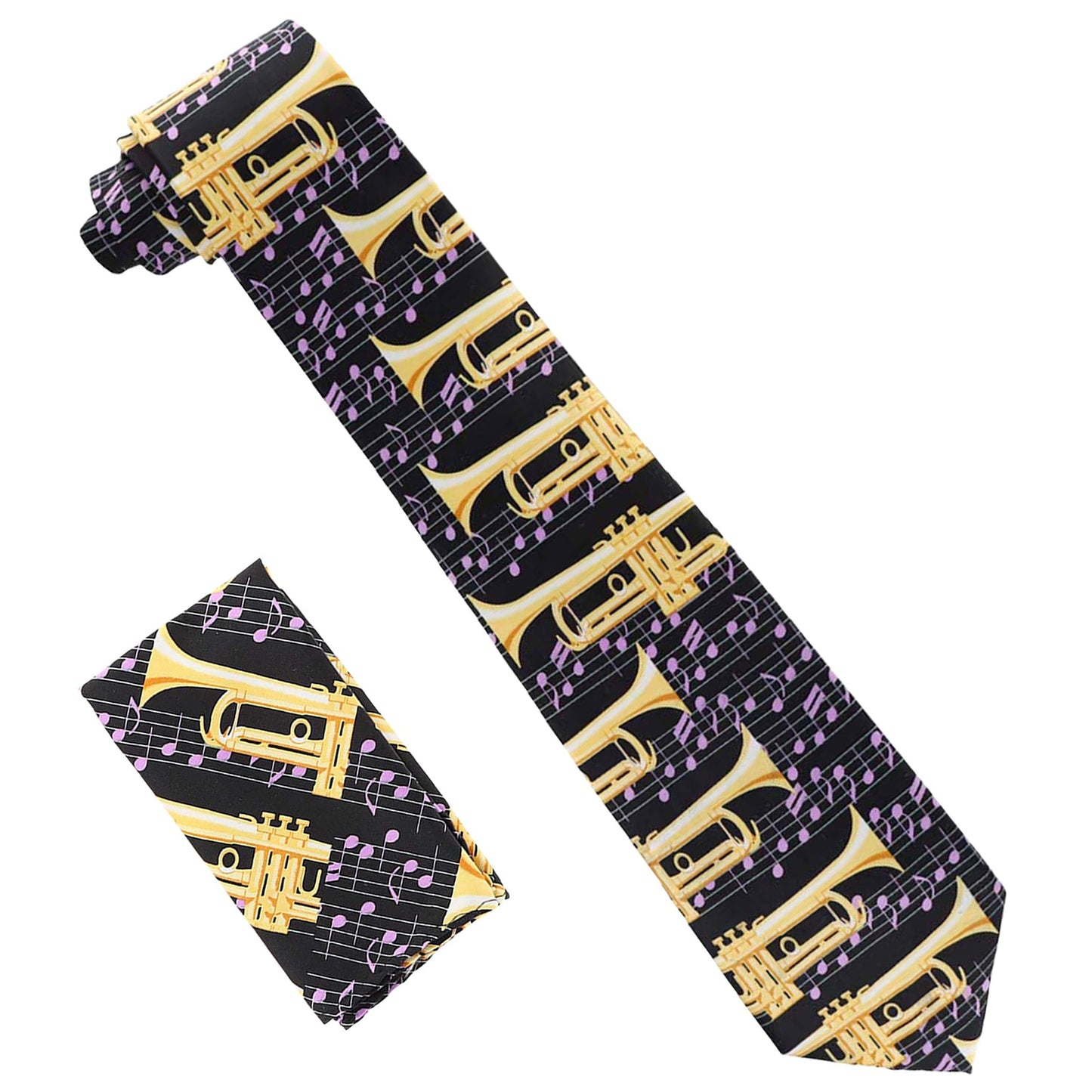 Vittorio Farina Men's Red and Gold Trombone Musical Necktie and Pocket Square