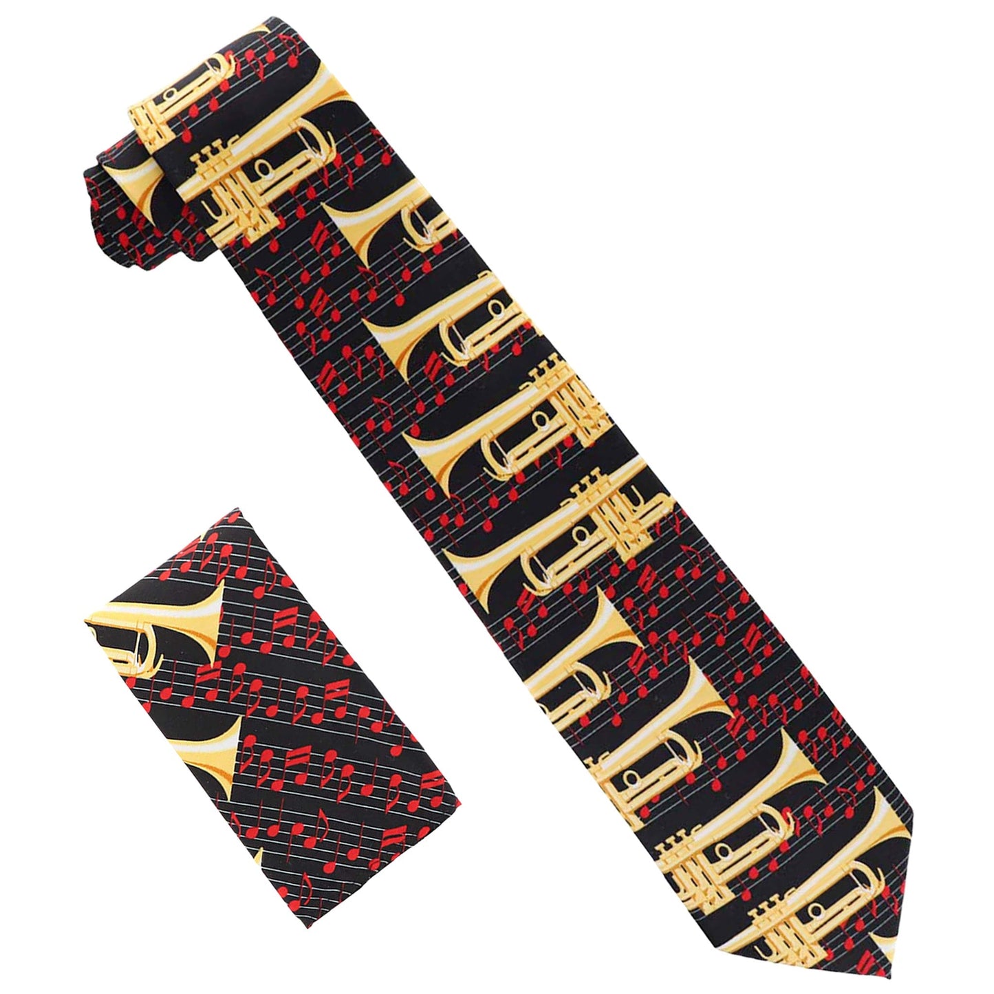 Vittorio Farina Men's Red and Gold Trombone Musical Necktie and Pocket Square