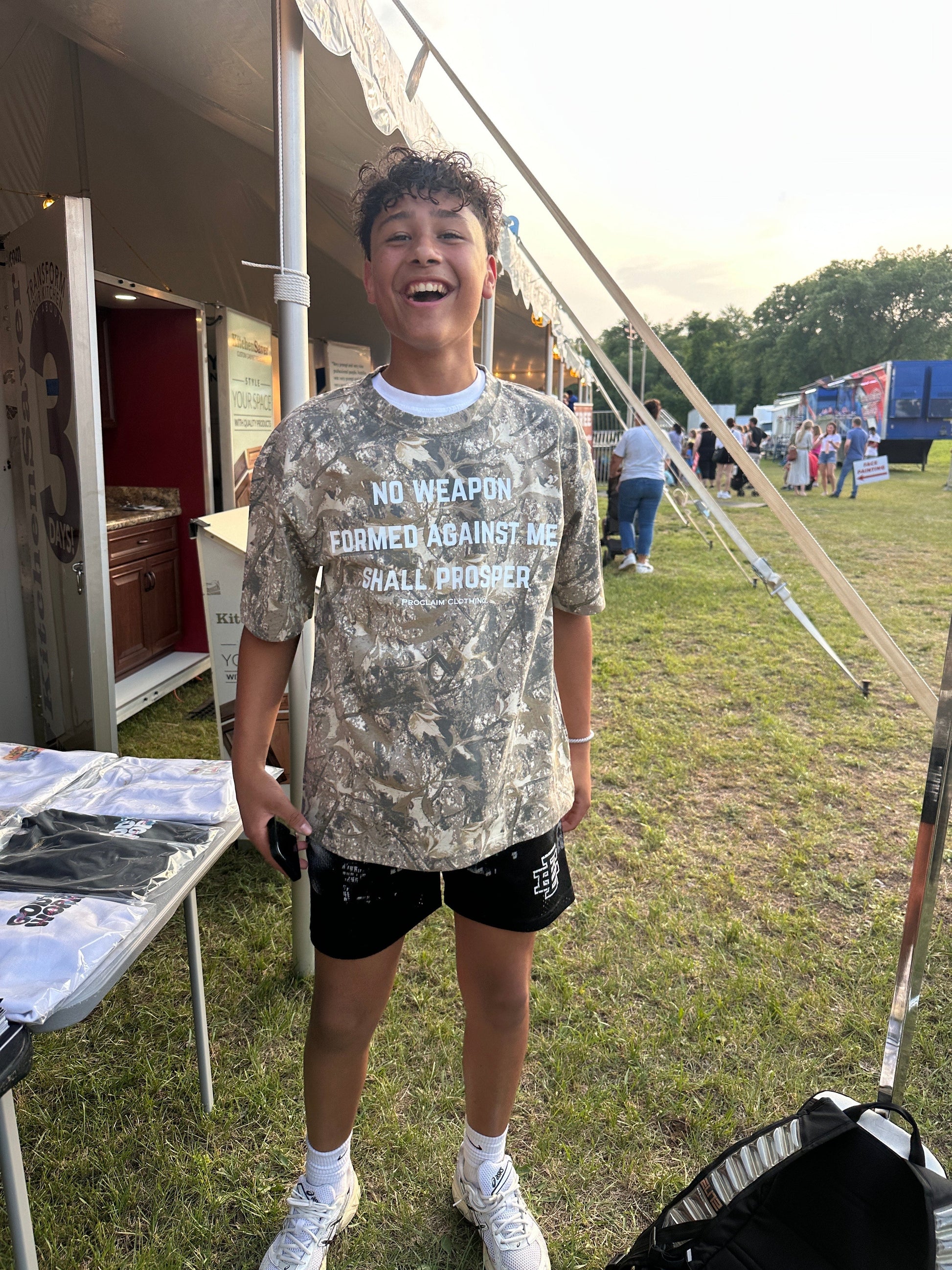 No Weapon Shall Prosper- Forest Camo T-Shirt - Concordia Style Boutique