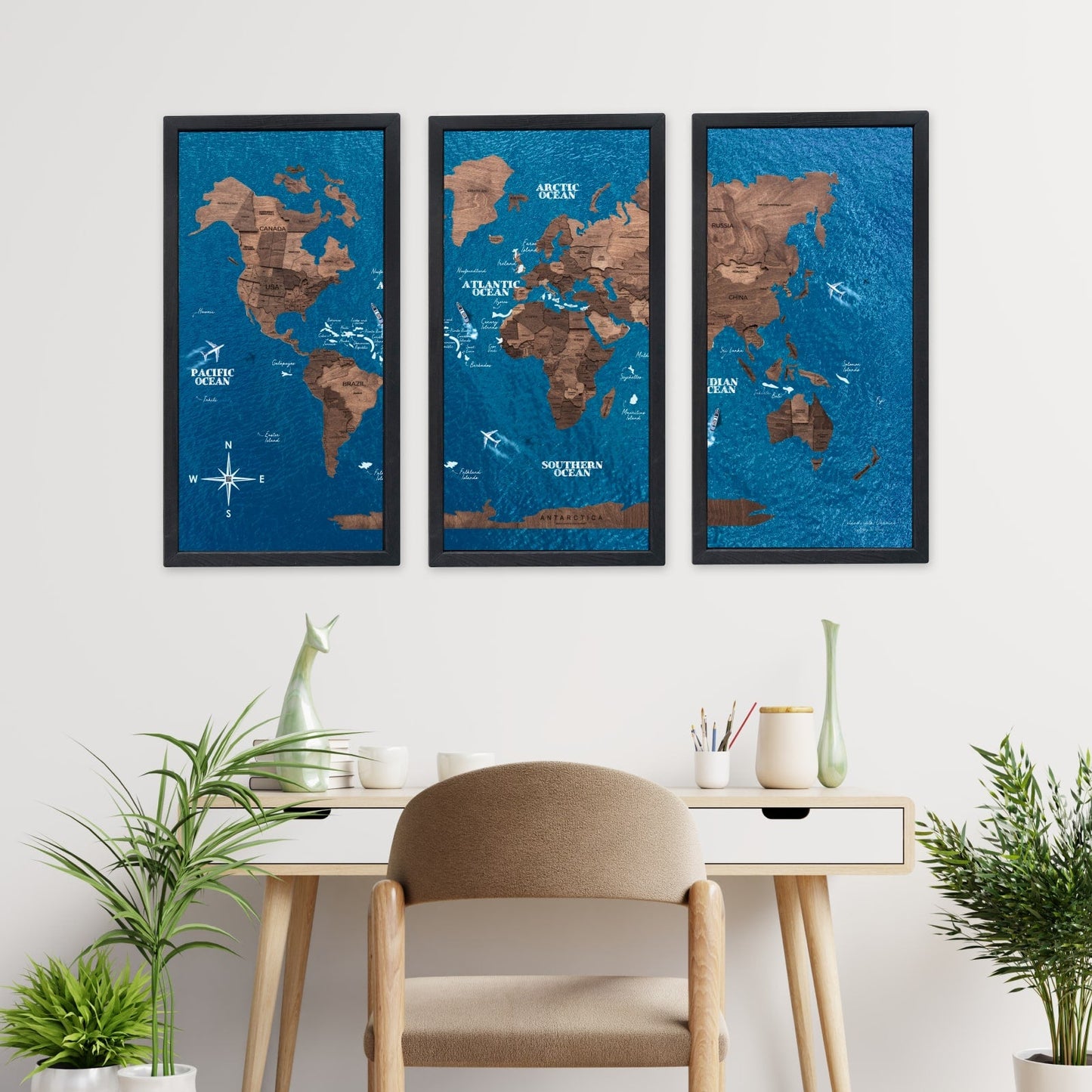 Triptych Wooden World Map (Dark Walnut)