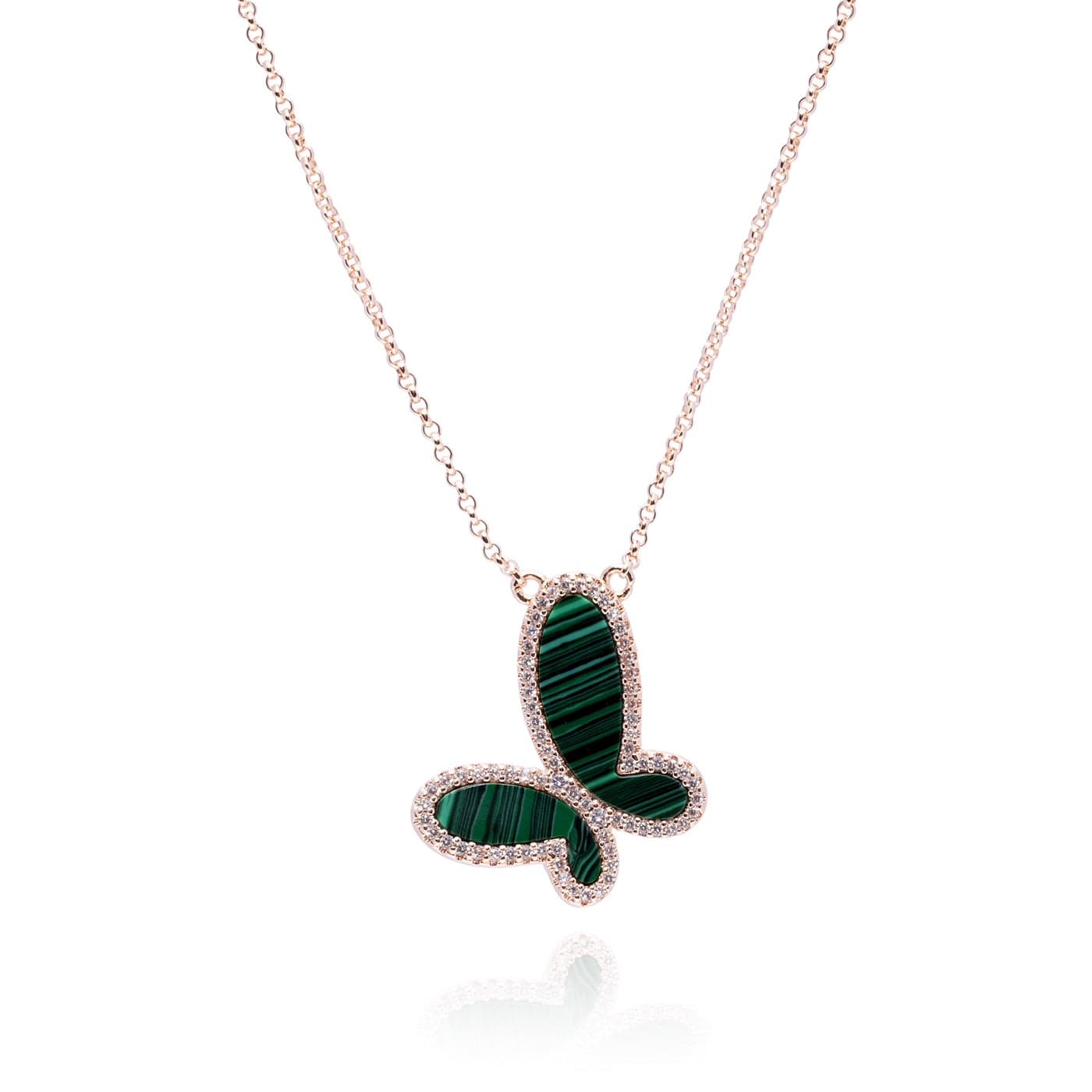 Green Malachite w/ 18k Gold & Cubic Zirconia Butterfly Necklace Jewelry