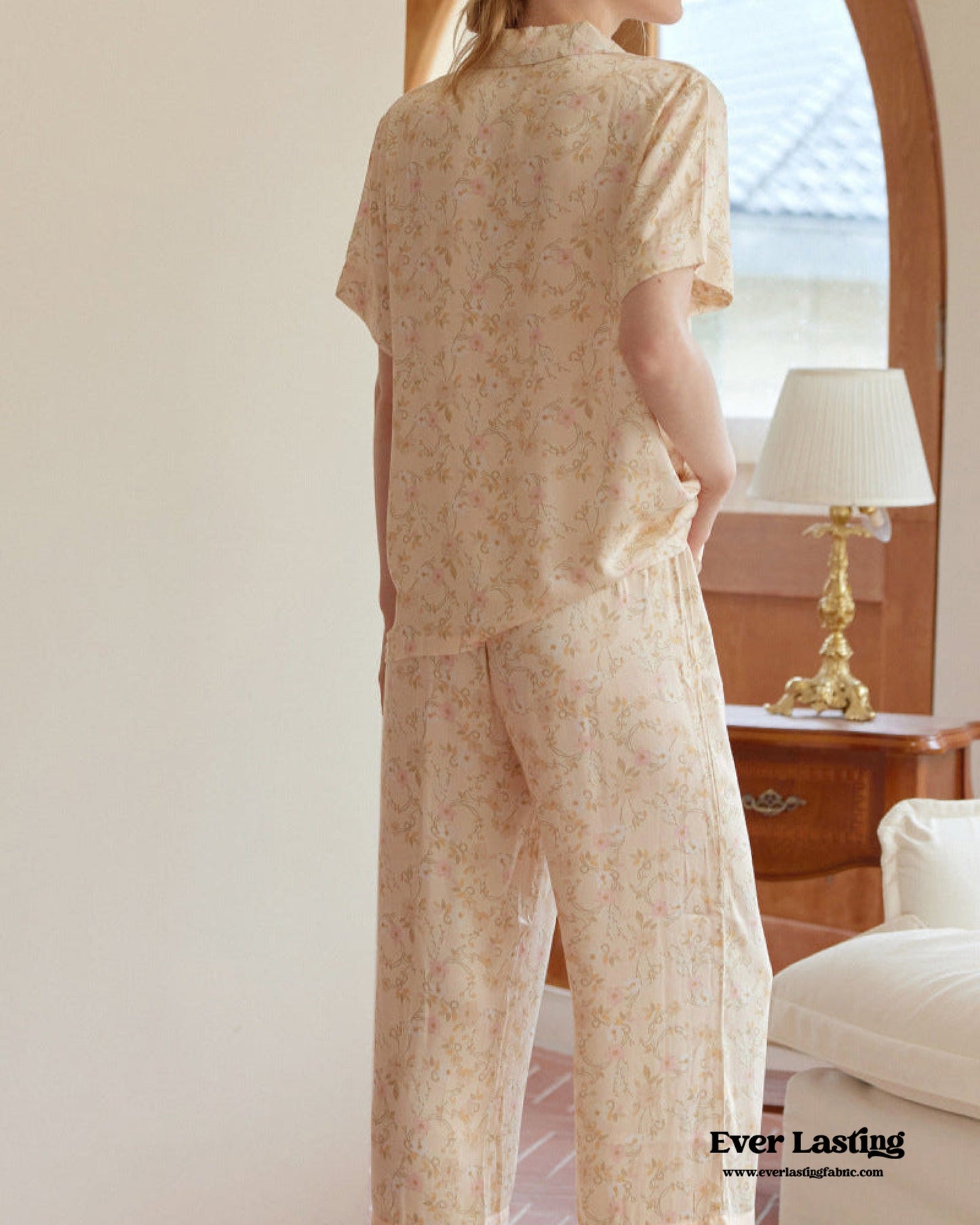 Pastoral Floral Short-Sleeve Long-Pants Pajama Set / Green