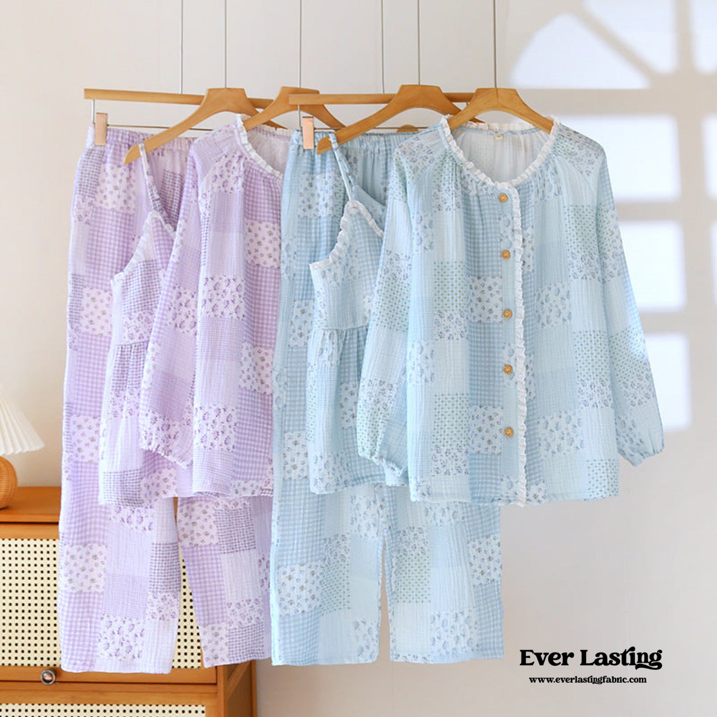 Patchwork Floral Cardigan Pajama Set / Blue