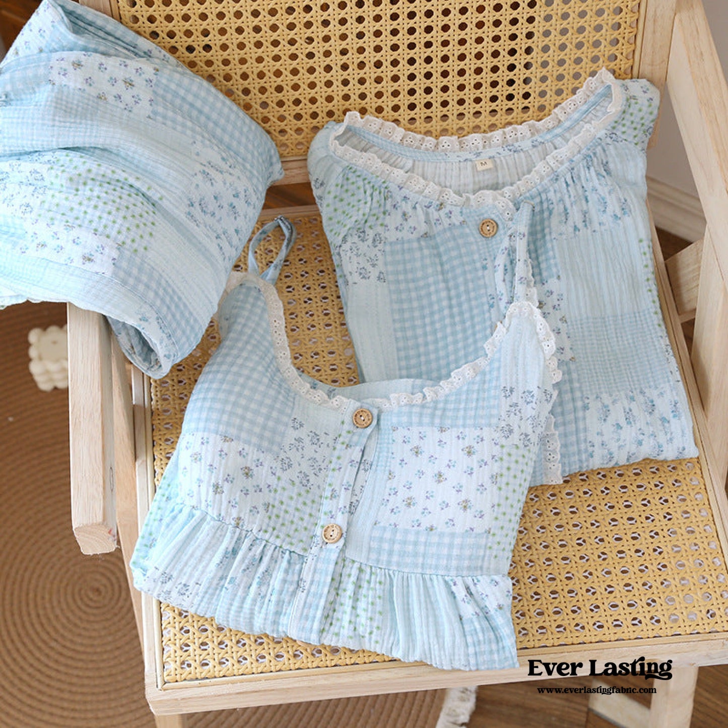 Patchwork Floral Cardigan Pajama Set / Blue