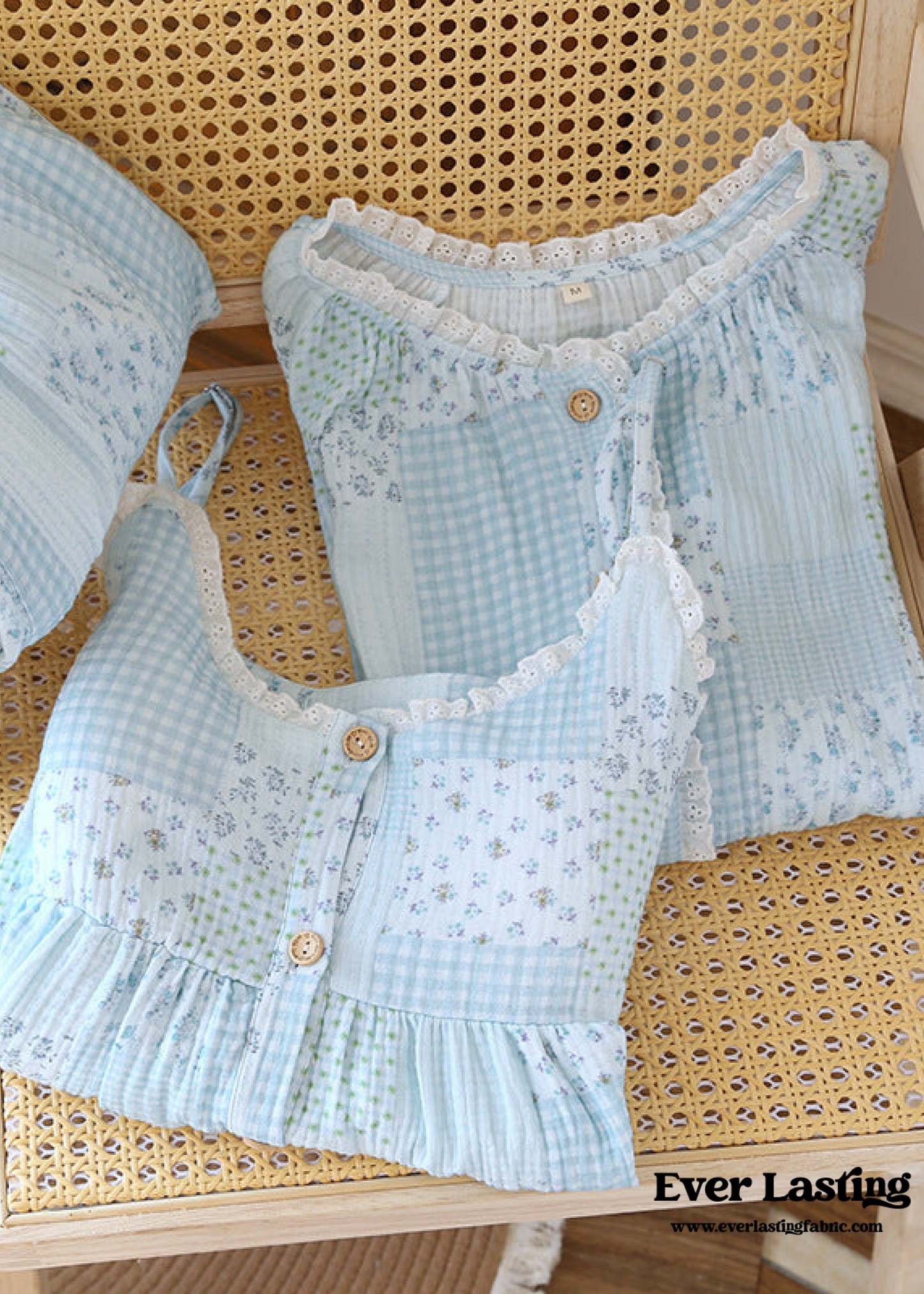 Patchwork Floral Cardigan Pajama Set / Blue