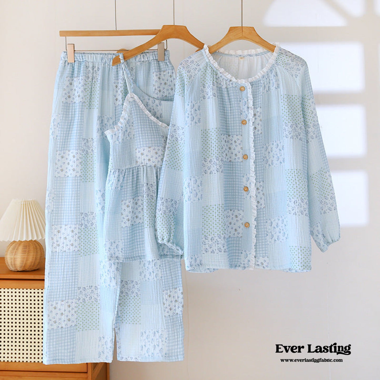 Patchwork Floral Cardigan Pajama Set / Blue