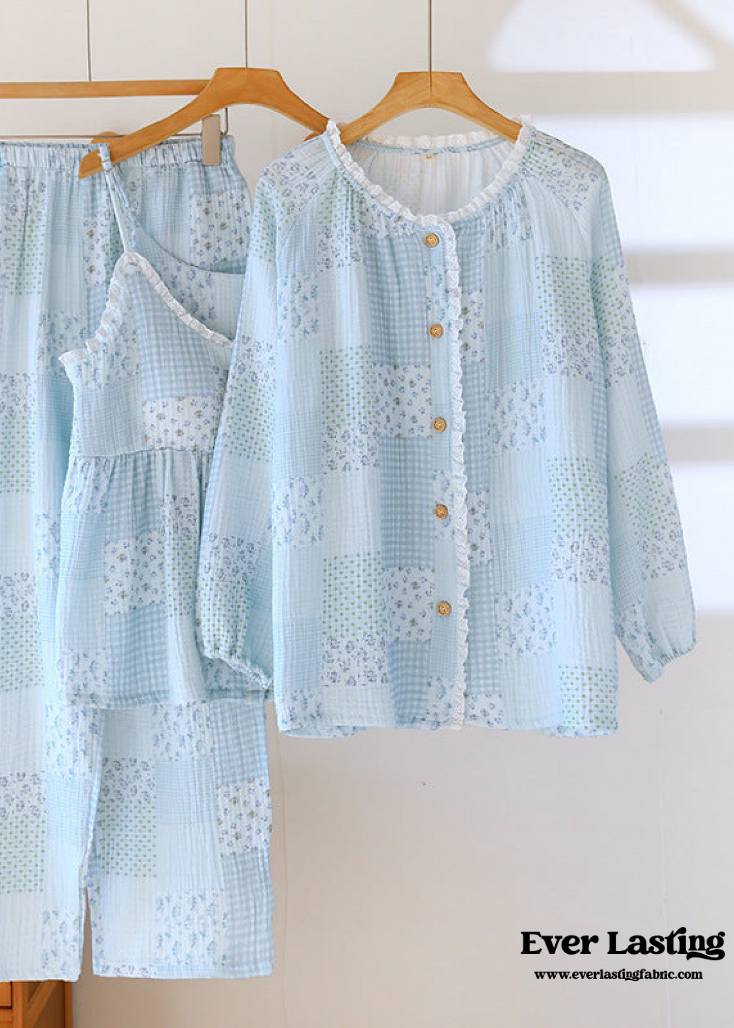 Patchwork Floral Cardigan Pajama Set / Blue