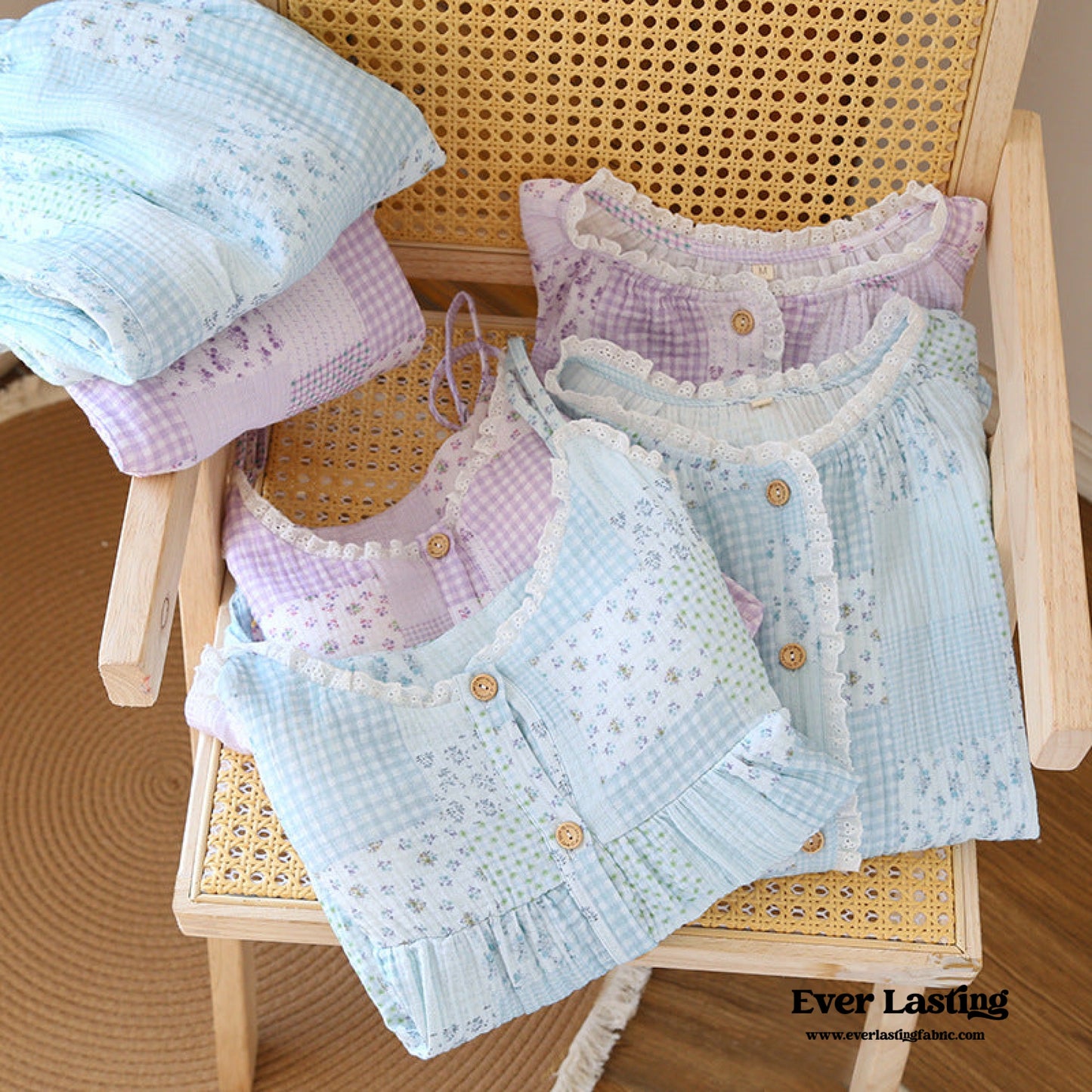 Patchwork Floral Cardigan Pajama Set / Blue