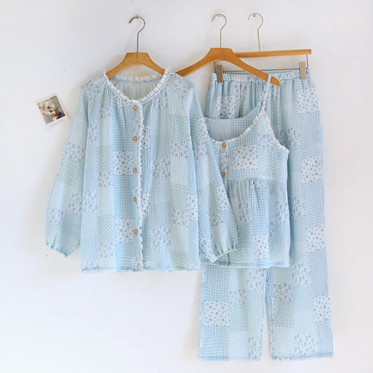 Patchwork Floral Cardigan Pajama Set / Blue