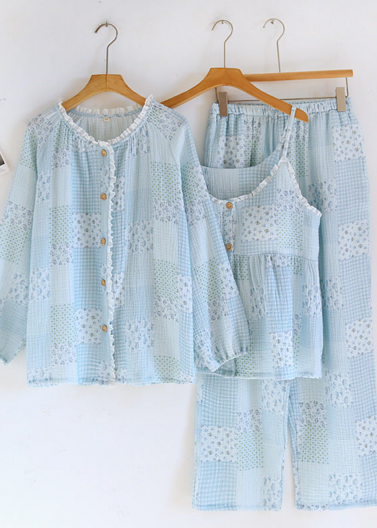 Patchwork Floral Cardigan Pajama Set / Blue