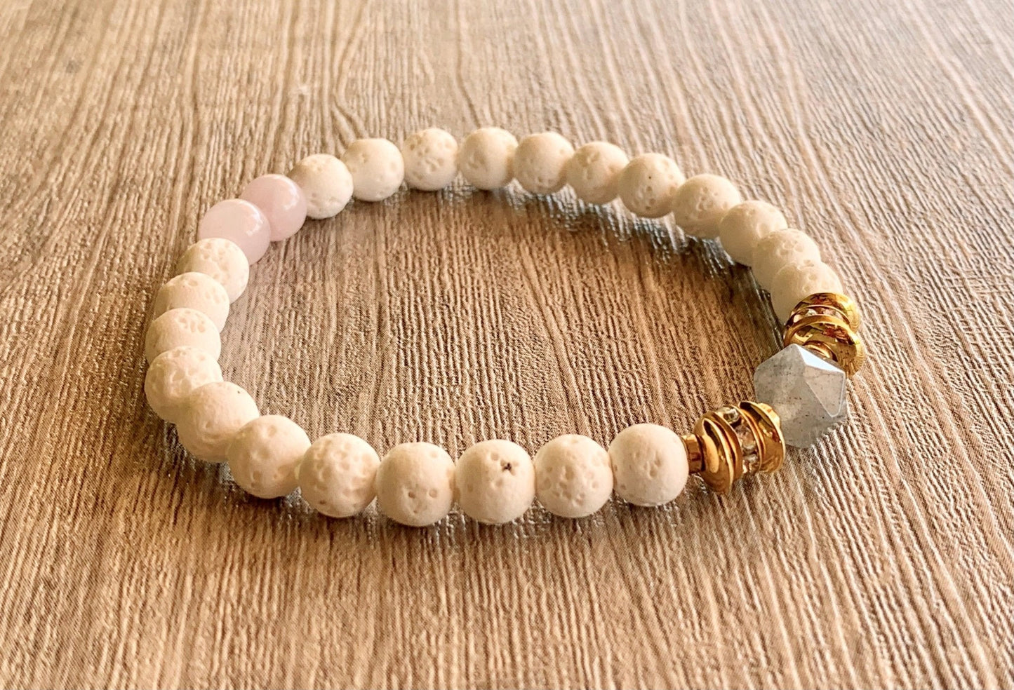 Paula Handmade Labradorite, Rose Quartz, Gold Plated Hematite, and White Lava Stone Expandable Bracelet