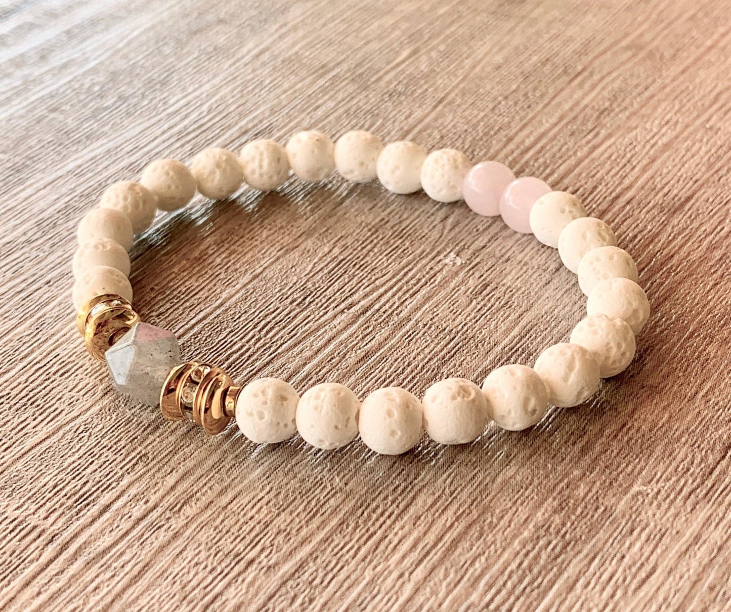 Paula Handmade Labradorite, Rose Quartz, Gold Plated Hematite, and White Lava Stone Expandable Bracelet