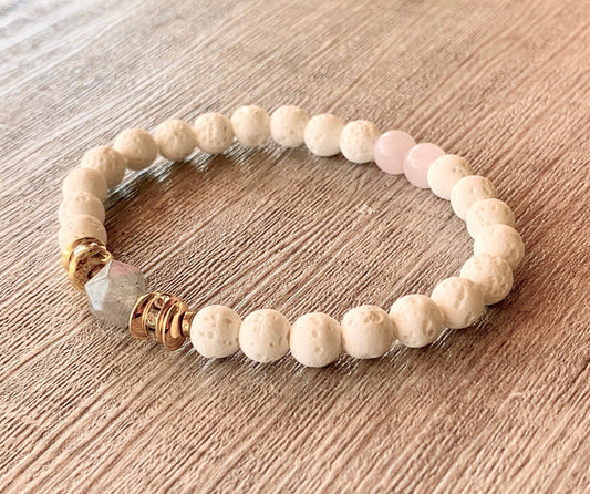 Paula Handmade Labradorite, Rose Quartz, Gold Plated Hematite, and White Lava Stone Expandable Bracelet