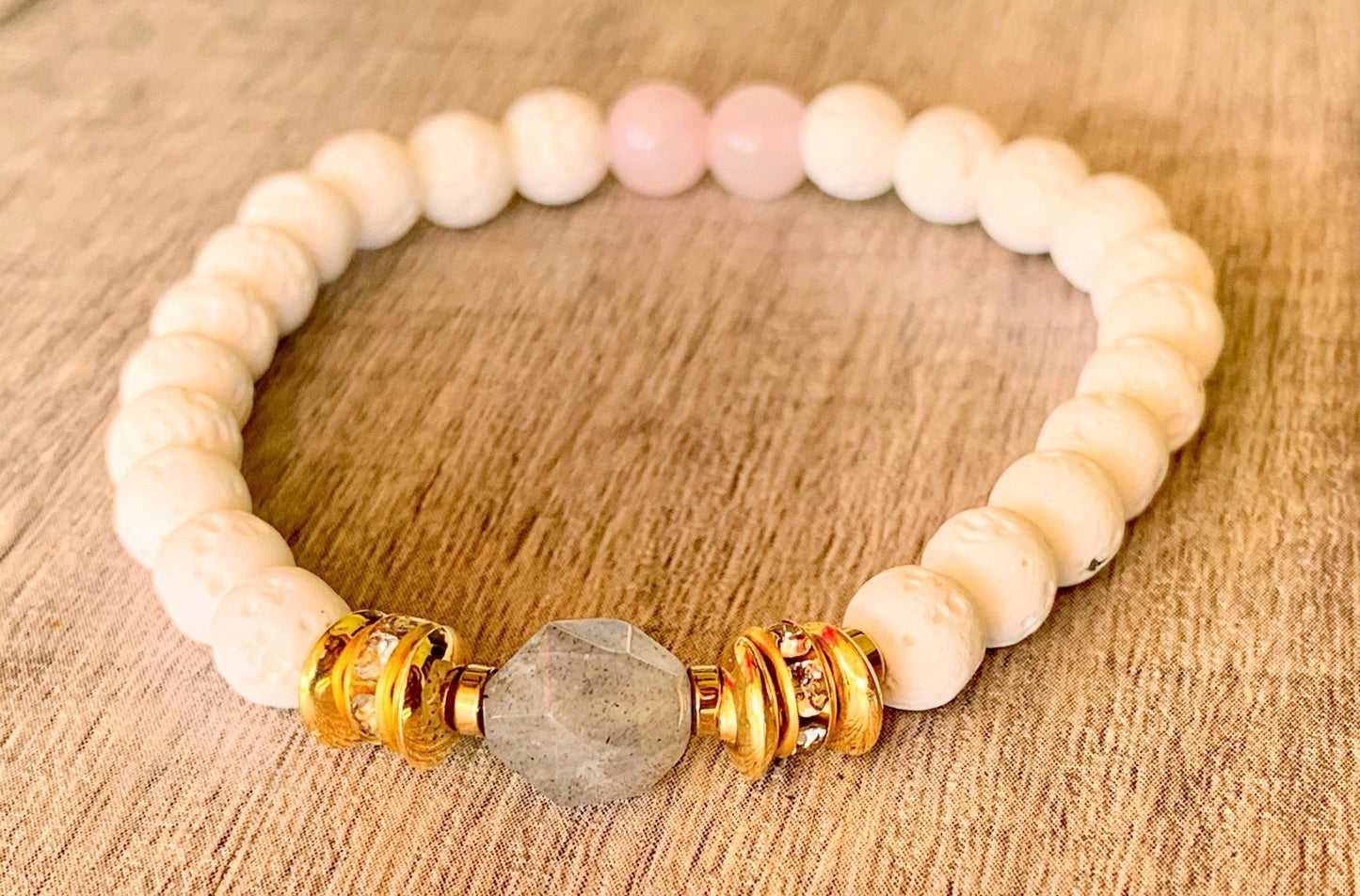 Paula Handmade Labradorite, Rose Quartz, Gold Plated Hematite, and White Lava Stone Expandable Bracelet