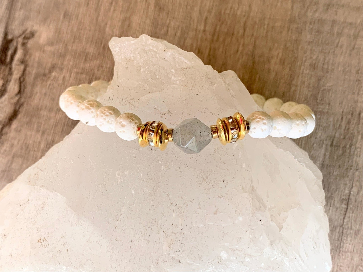 Paula Handmade Labradorite, Rose Quartz, Gold Plated Hematite, and White Lava Stone Expandable Bracelet