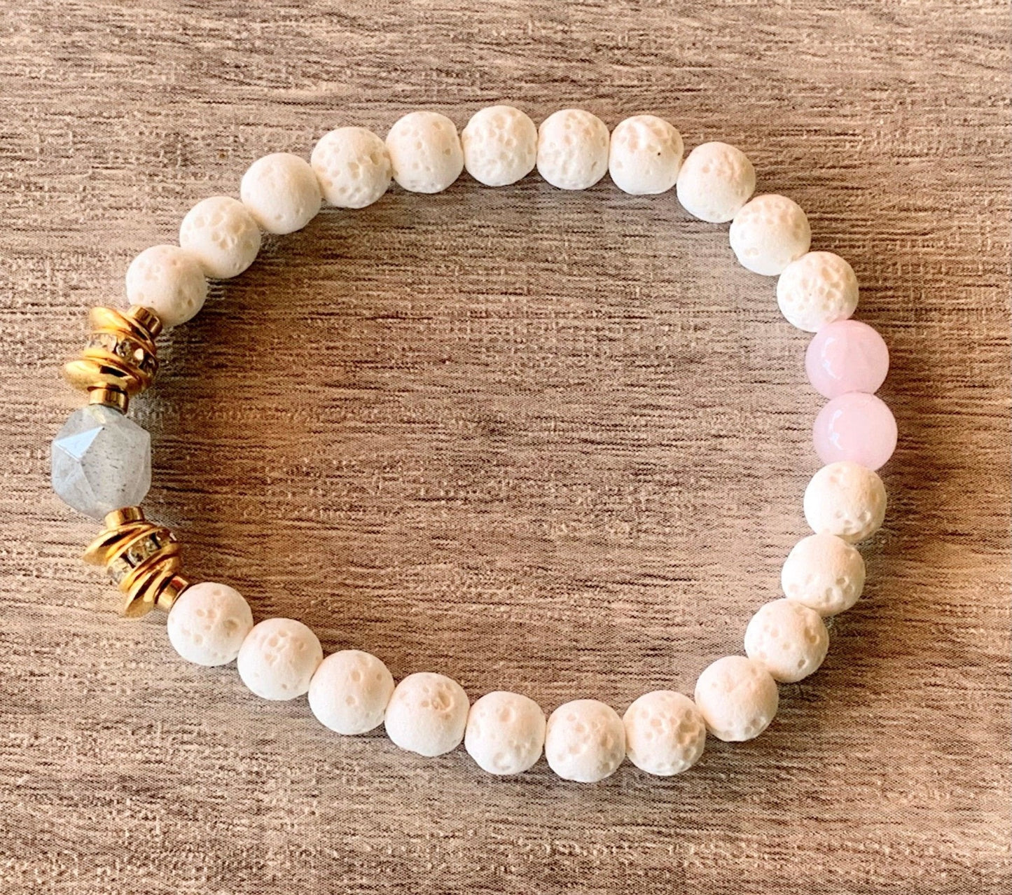 Paula Handmade Labradorite, Rose Quartz, Gold Plated Hematite, and White Lava Stone Expandable Bracelet