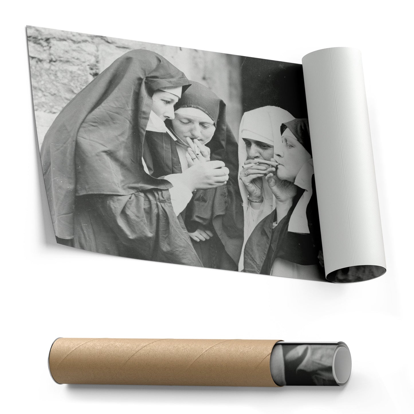 Smoking Nuns Canvas Wall Art - Funny Religious Wall Decor Print