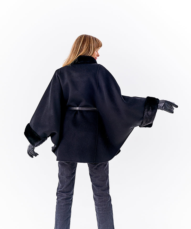 Genuine Scandinavian Mink Fur Double Face Wool Poncho