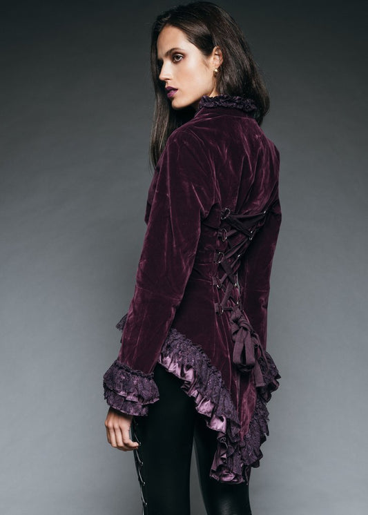 Witchy Woman Purple Velvet Steampunk Tail Jacket with Back Lacing - Concordia Style Boutique
