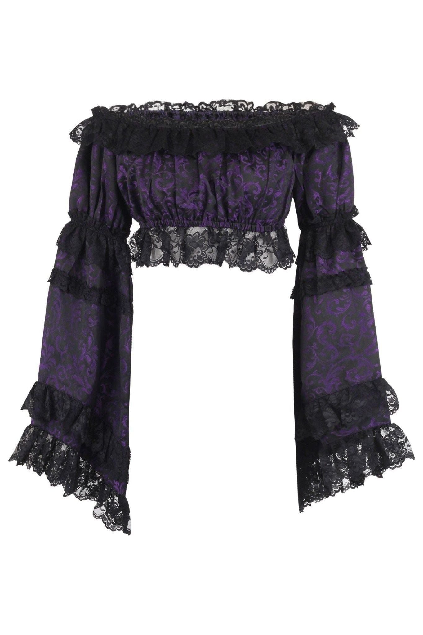 Purple/Black Brocade Smocked Flare Sleeve Peasant Top