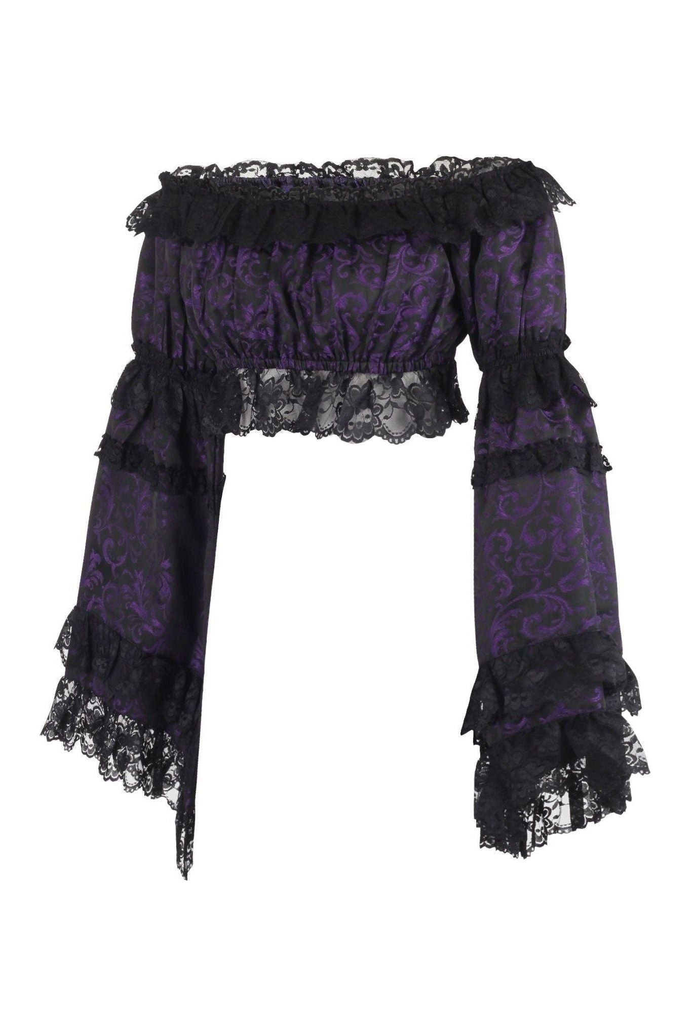 Purple/Black Brocade Smocked Flare Sleeve Peasant Top